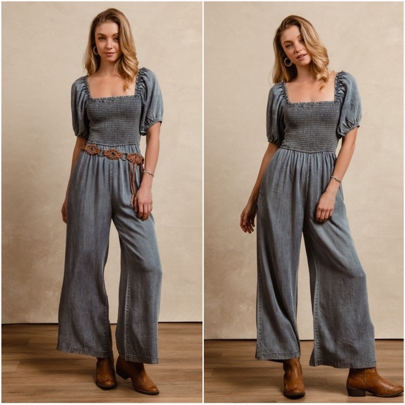 Bibi Dark Wash Smocked Square Neck Puff Sleeve Wide leg Jumpsuit - Picture 3 of 4